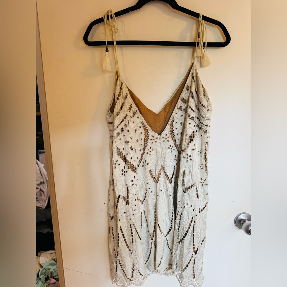 Free People PYT cream lace tassel tie boho festival Cream and Brown Mini Dress - Picture 4 of 11